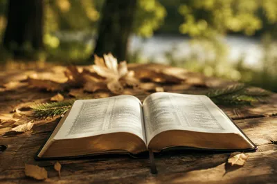 Open Bible on Rustic Wooden Table