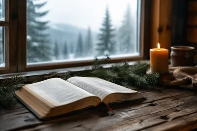 Open Bible with Evergreen Candlelight