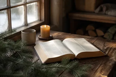 Open Bible with Evergreen Morning Devotion
