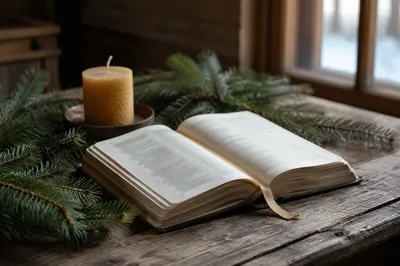 Open Bible with Evergreen Morning Light