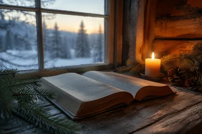 Open Bible with Evergreen Candlelight