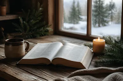 Open Bible with Evergreen Candlelight