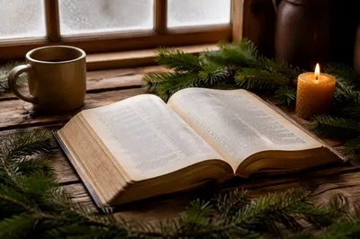 Open Bible with Evergreen Morning Light