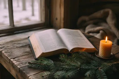 Open Bible with Evergreen and Candle