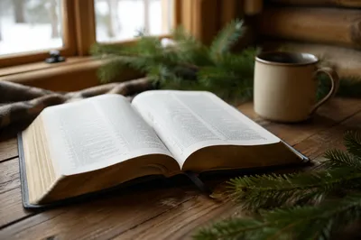 Open Bible with Evergreen Morning Light