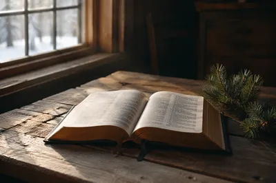 Open Bible with Evergreen on Wooden Table