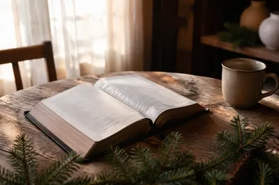 Open Bible with Evergreen Morning Light