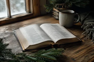 Open Bible with Evergreen Winter Morning