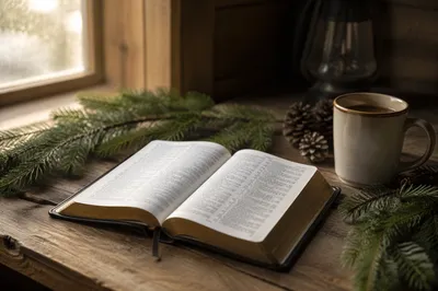 Open Bible on Rustic Wooden Table