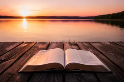 Open Bible by Lakeside Sunset