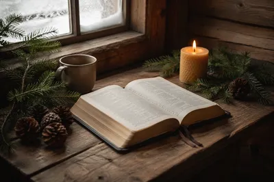 Open Bible with Evergreen Morning Devotion