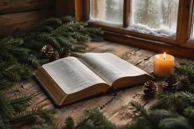 Open Bible with Evergreens in Winter Cabin