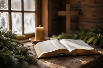 Open Bible with Evergreen and Candle