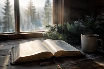 Open Bible on Rustic Winter Table