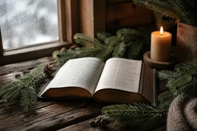 Open Bible with Evergreen Candlelight