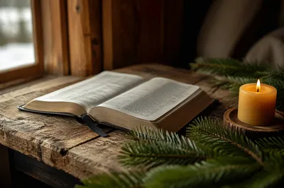 Open Bible with Evergreen and Candle