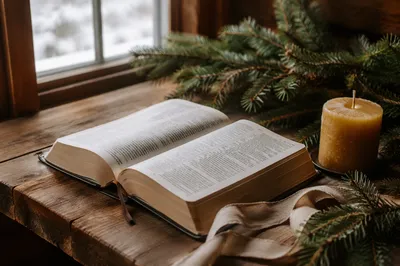 Open Bible with Evergreen Dawn Devotion