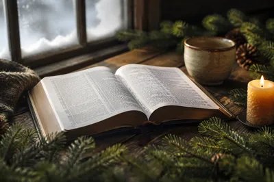 Open Bible with Evergreen Morning Devotion