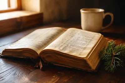 Open Bible with Evergreen on Wooden Table