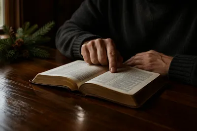 Open Bible on Warm Wooden Table