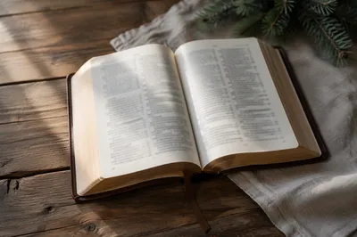 Open Bible on Rustic Wooden Table