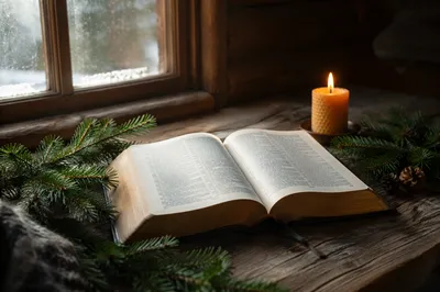Open Bible with Evergreen Cabin Devotion