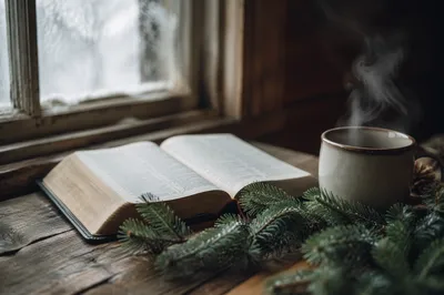 Open Bible with Evergreen Morning Devotion