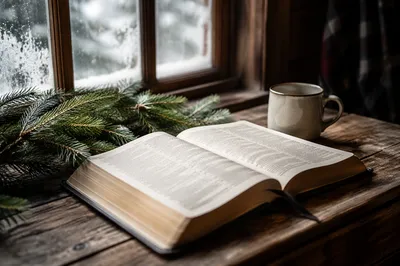 Open Bible with Evergreen Morning Light
