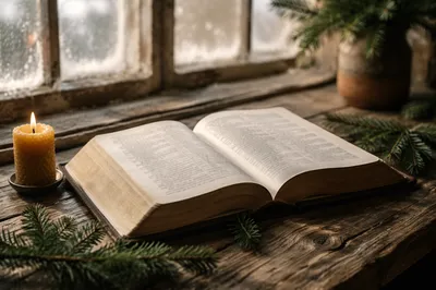 Open Bible with Evergreen and Candle