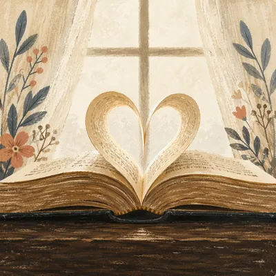 Open Bible Pages Forming Gentle Hearts