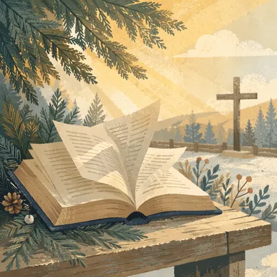 Open Bible Pages Turning in Winter Breeze