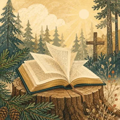 Open Bible in Evergreen Winter Wind
