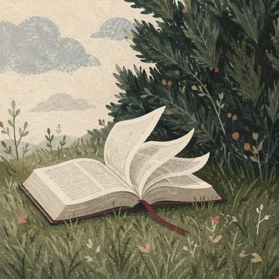 Open Bible Pages Turning in Evergreen Breeze