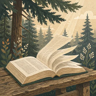 Open Bible Pages Turning in Pine Breeze