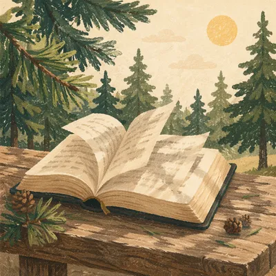 Open Bible in Evergreen Morning Breeze