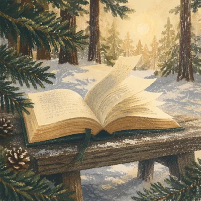 Open Bible Pages Turning in Winter Pines