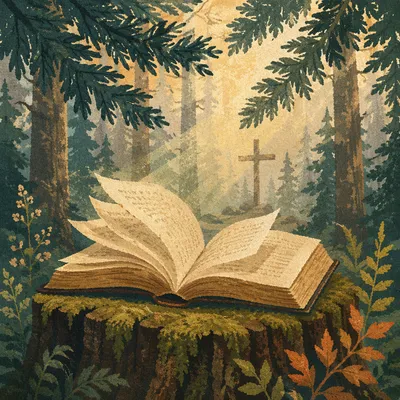 Open Bible Pages Turning in Evergreen Forest