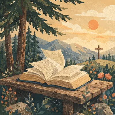 Open Bible Pages in Evergreen Morning Breeze