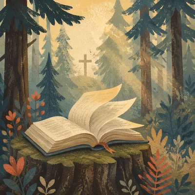 Open Bible Pages Turning in Evergreen Forest
