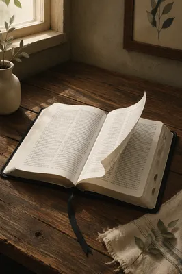 Open Bible Page Turning in Gentle Breeze