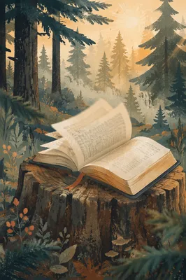 Open Bible Pages Turning in Evergreen Forest