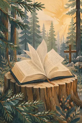 Open Bible Pages Turning in Evergreen Forest