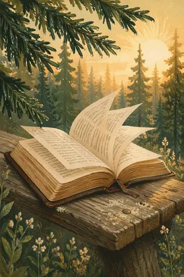 Open Bible Pages Turning in Forest Breeze