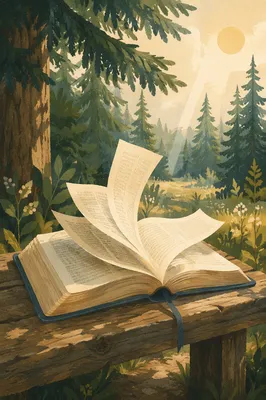 Open Bible Pages Turning in Evergreen Light