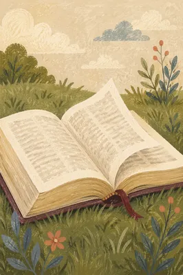 Open Bible Pages Turning on Evergreen Grass