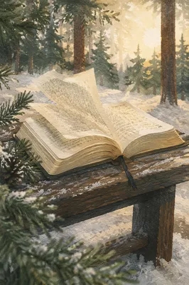 Open Bible Pages Turning in Winter Pines