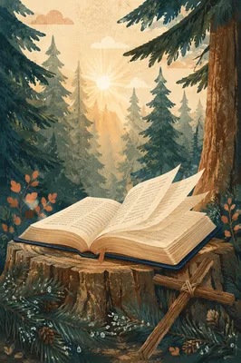 Open Bible Pages Turning in Evergreen Forest