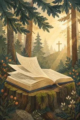 Open Bible Pages in Evergreen Forest Wind