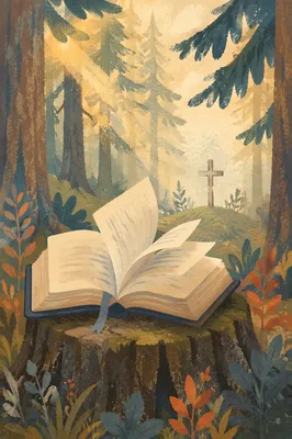 Open Bible Pages Turning in Evergreen Forest