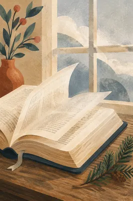 Open Bible Pages in Gentle Morning Breeze
